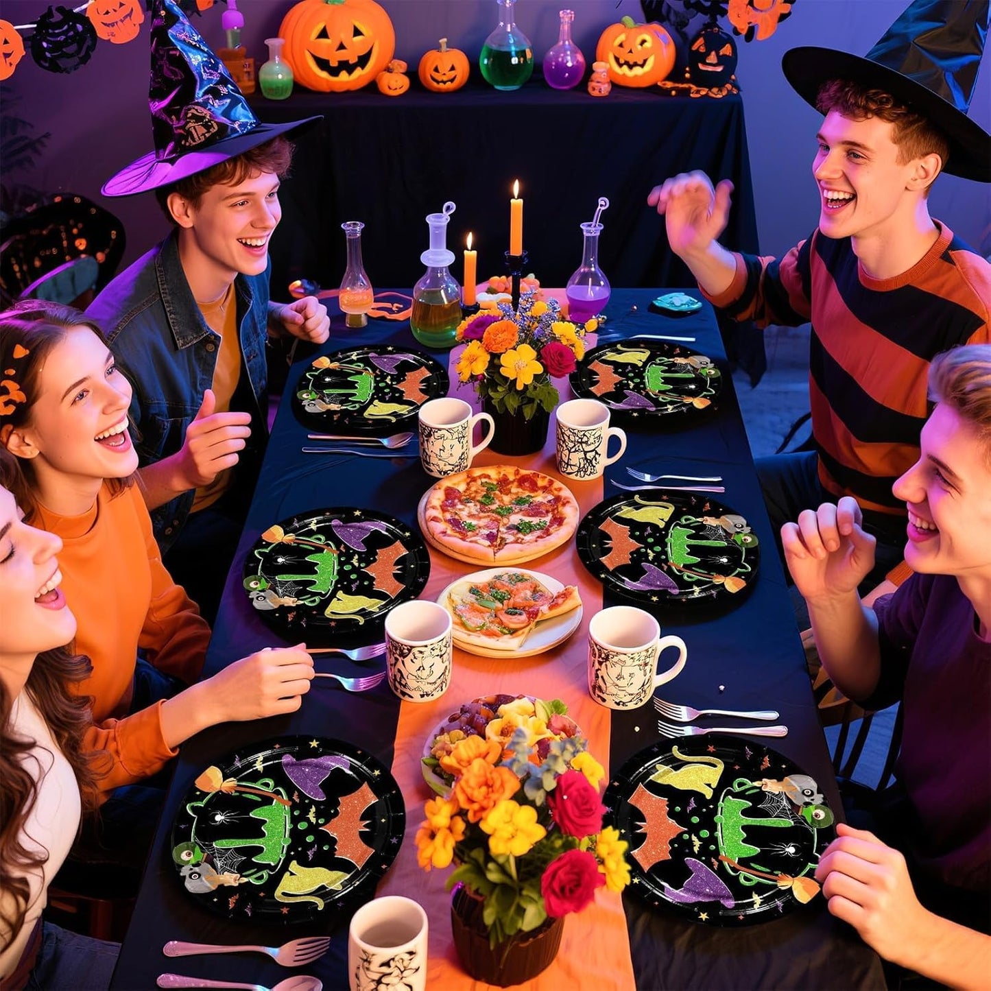 Grencian 50Pcs Halloween Hocus Pocus Plates 9" Day of The Dead Dessert Plates Witch Tableware Sets for Halloween Holiday Party Decorations