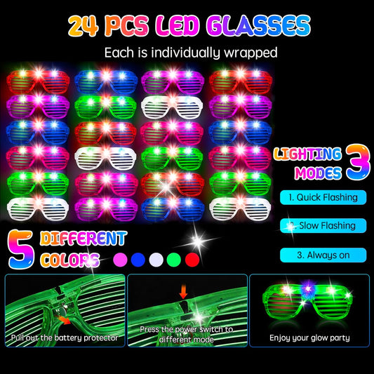 272PCS Glow in the Dark Party Supplies, Party Pack Bulk , 24PCS Foam Glow Sticks & LED Glasses, 24PCS LED Light Up Rings and 200PCS Glow Sticks for Neon Party Decorations, halloween party favors