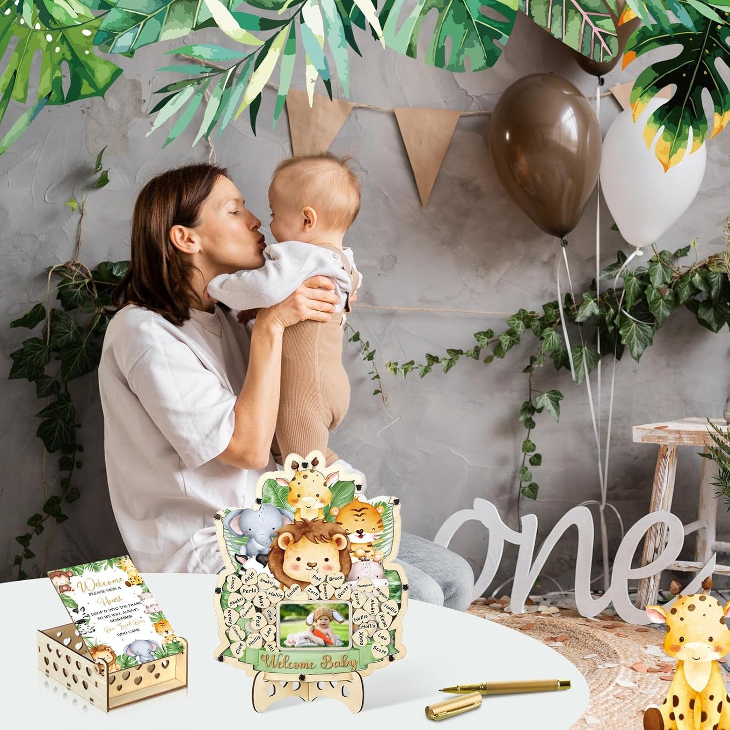 Wenqik 63 Pcs Safari Animal Baby Shower Guest Book Alternatives Set Baby Shower Decorations with Photo Frame Sonogram Frame Keepsake 60 Wood Slices Guest Book for Birthday
