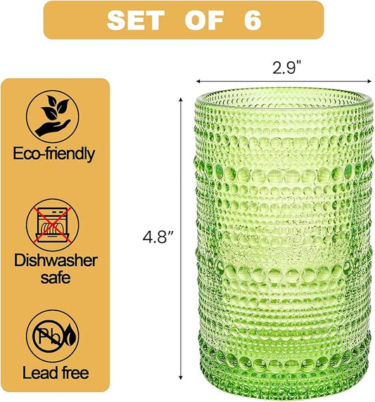 ZOOFOX Set of 6 Vintage Drinking Glasses, 12 Oz Colored Hobnail Glasses Tumbler, Embossed Design Glass Tumblers Set for Water, Beverages, Juice, Beer, Cocktail, Whiskey, Milk