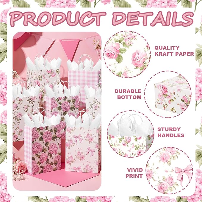 Kolldenn 24 Pcs Hydrangea Floral Party Gift Bags with Handles Paper Candy Treat Goodie Bags Scalloped for Birthday Decoration for Bridal Baby Shower Tea Party Supplies