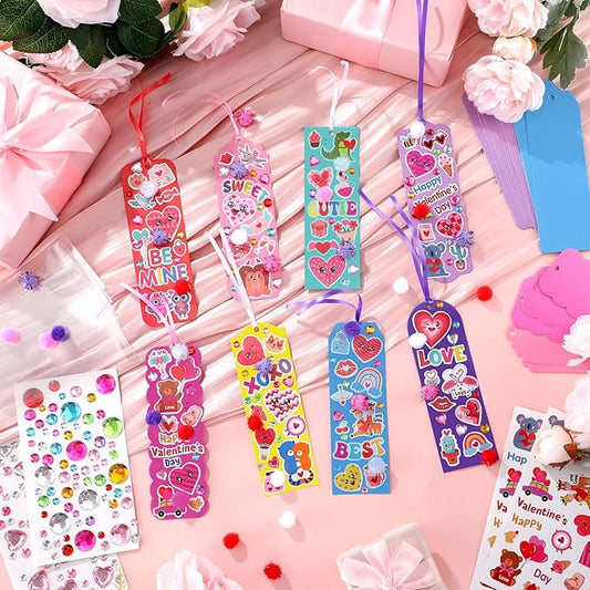 Frienda 48 Sets Valentine DIY Bookmarks Craft Kit Valentine Decorations Art Sets Blank Foam with Smile Face Hearts Owl Alphabets Stickers Pom-poms for Activity Reading Gift Exchange