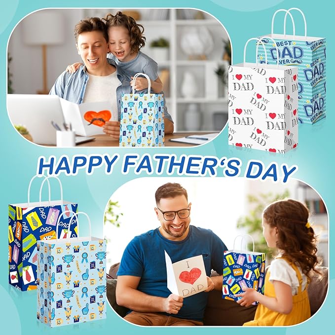 Gilprop 24 Pcs Father's Day Gift Bags Bulk Dad Party Supplies, 8 Inch Happy Father's Day Paper Treat Goodie Bags with Handle, Dad Ever Gifts Favors for Him Birthday Anniversary