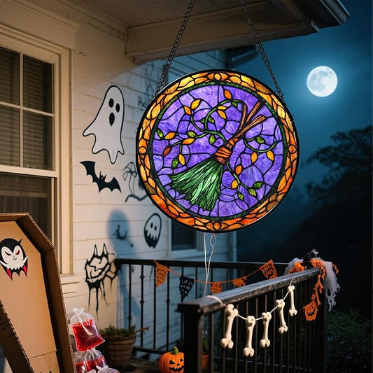 Stained Glass Window Hanging - Halloween Decorations Witch Magic Broom Suncatcher for Doors Garden Spooky Funny Purple Sun Catchers Gothic Decor Horror Gifts for Women Men Friend 15 in