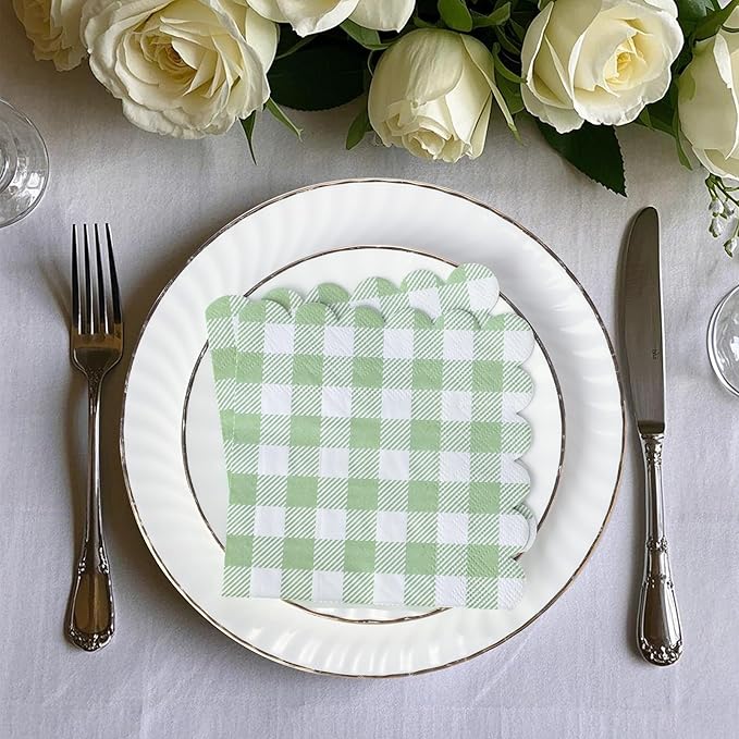 100 Pcs Sage Green Napkins Scalloped Plaid Cocktail Napkins Folded 5 x 5 Inches Disposable Napkins for Wedding Birthday Party