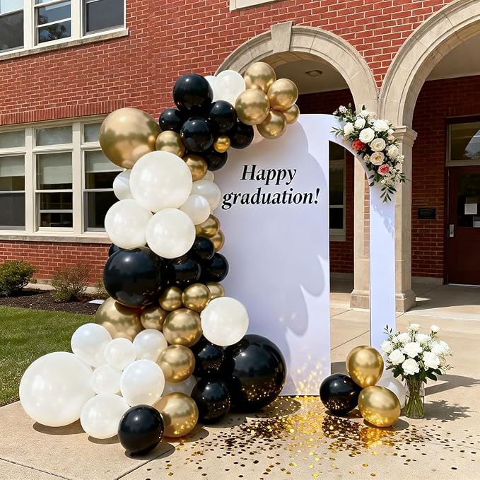Black and Gold Balloon Arch Kit, Double Stuffed 129 Pcs Gold and Black Balloons Garland with Black Pearl White Sand Ivory Chrome Gold Balloons for Wedding Birthday Event New Year's Party Decoration