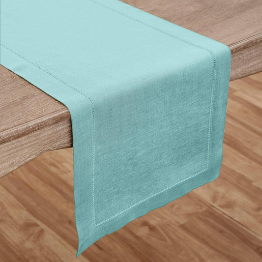 Solino Home Linen Aqua Blue Table Runner 120 Inches Long - 100% Pure Linen Hemstitch 14 x 120 Inch Table Runner for Dining - Classic Hemstitch