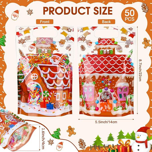 Blosssound 50 Pcs Christmas Party Gift Bags Gingerbread House Favor Bags Xmas Holiday Plastic Bags with Handle for Christmas Holiday Party Candy Guests Gift Wrapping Supplies Decor (Gingerbread House)