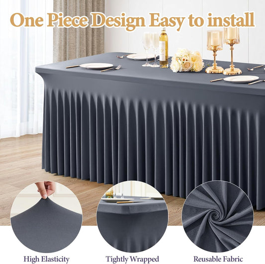 6 Packs Grey Spandex Tableclothes for 8 Foot Rectangle Table, Spandex Table Covers 8FT Stretch Table Skirts Rectangle Wrinkle Free Fitted Tablecover for Event, Wedding, Banquet & Parties