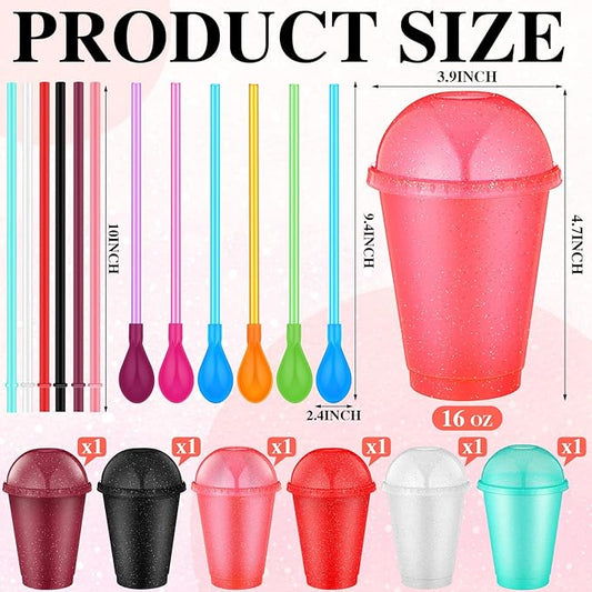 6 Set Slushie Cups with Dome Lids and Straws Detachable Spoon Straws Reusable Plastic Iced Coffee Cups Smoothie Tumbler for Birthdays Summer Party Supplies(Multi Color,16 oz)