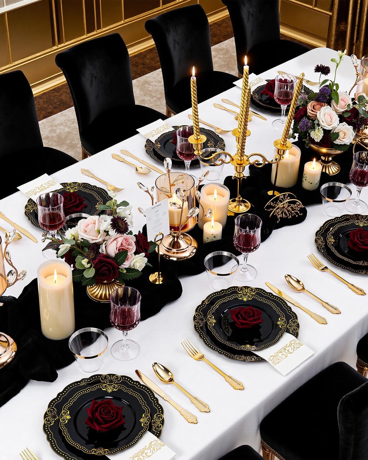 Ciaell 175 PCS Black and Gold Plastic Plates - Black Disposable Dinnerware Set with 50 Plates, 25 Knives, 25 Forks, 25 Spoons, 25 Cups, 25 Napkins for New Year’s Day, Parties and Weddings