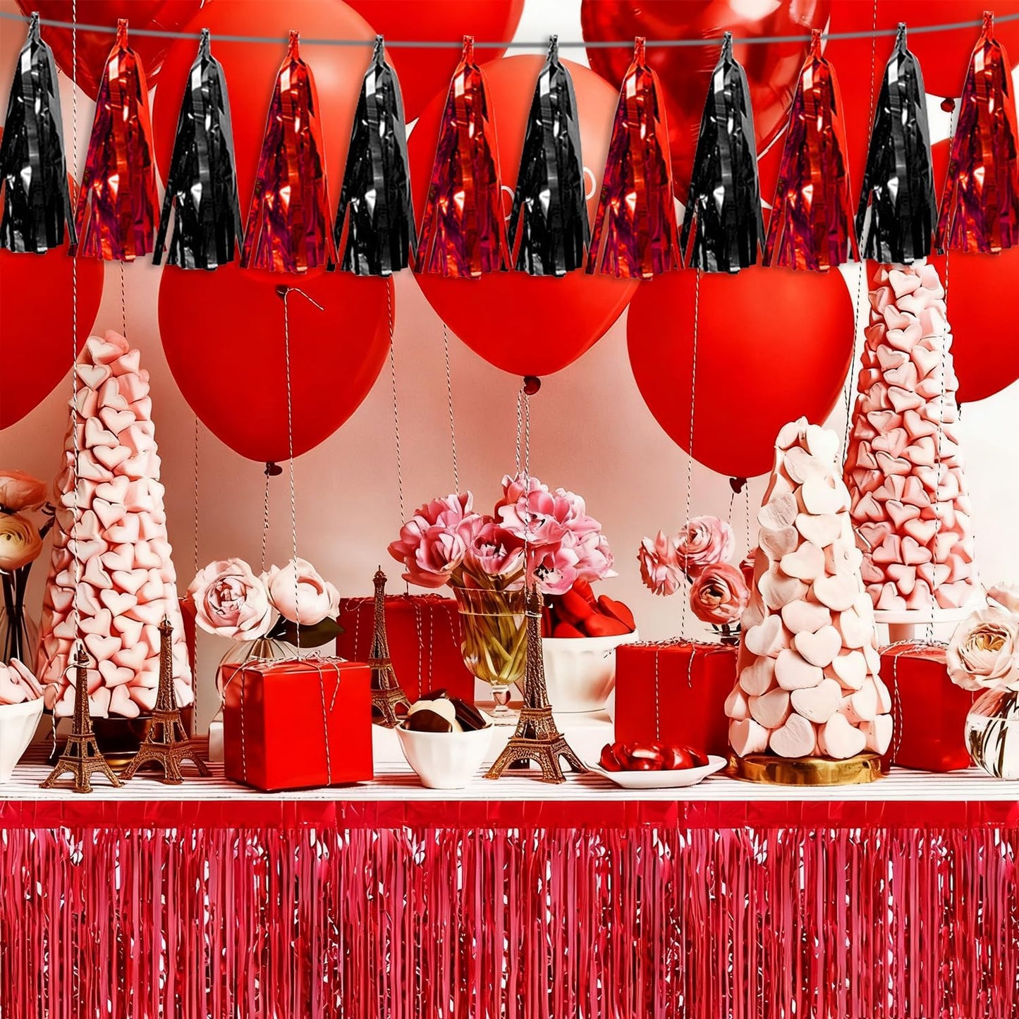 3P Black red Tassel Banner Garland Metallic Foil Fringe Banner Tinsel Tassels Streamer Banner Backdrop for Parade Floats, 2025 Graduation Decorations, Father's Day Party Decoration