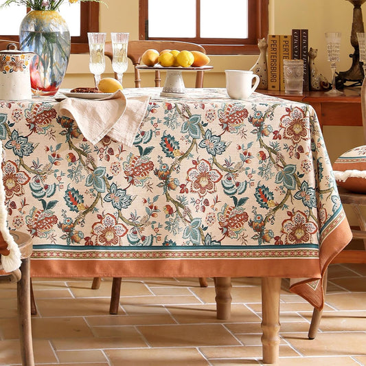 Linen Colorful Floral Long Rectangle Tablecloth,Vintage Indian Colorfast Block Print Table Cloth,Decorative Table Cover for Kitchen,Dining,Thanksgiving,Christmas,63"*94"-Mangala