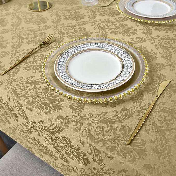 SASTYBALE Rectangle Jacquard Tablecloth - 52 x 70 Inch Spill Proof Wrinkle Resistant Damask Table Cloth, Soft Polyester Oblong Table Cover for Kitchen Parties Farmhouse, Gold