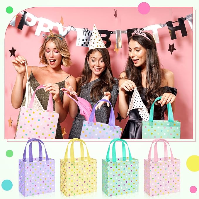Sweetude 16 Pcs Pastel Dots Easter Gift Bag with Handles Non Woven Reusable Goodie Bags for Mother's Day Women Wedding Birthday Baby Shower Spring Party Favors