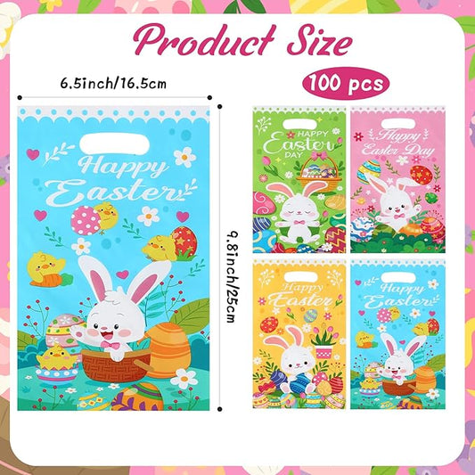 Easter Treat Bags, 100 PCS Easter Gift Bags with Handles, Plastic Happy Easter Day Cookie Goodie Candy Bag Easter Bunny Cute Spring Party Favor Bag for Easter Party Favors Supplies, 6.5x10 Inch
