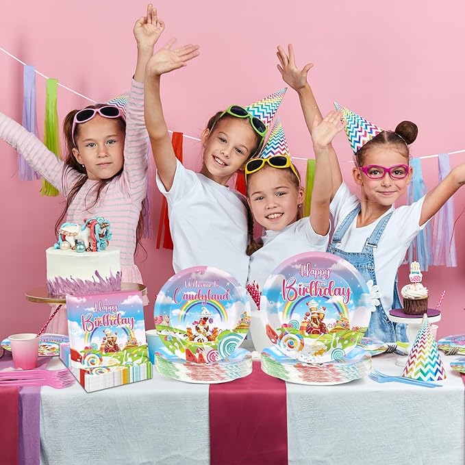 96Pcs Candyland Party Supplies Candyland Birthday Paper Plates Napkins Disposable Candy Land Party Decorations Sweet Candy Dinnerware Party Favor for Baby Shower Birthday Party Tableware Serves 24