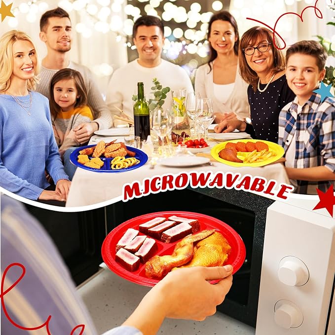 50 Pcs 10 Inch Plastic 3 Compartment Divided Plates Heavy Disposable Plates Duty Round Dinner Plates with Dividers for Wedding Birthday Party Dinnerware(Multicolor)