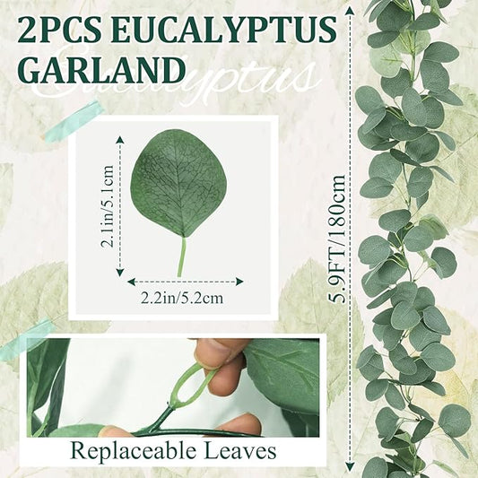 2Pack Artificial Eucalyptus Garlands, 5.9FT Faux Eucalyptus Vines Green Leaf Garland, Hanging Greenery Garland for Table Wedding Fireplace Mantel Decor (Leaf)