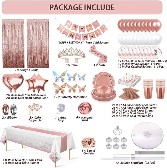 236 Pcs Birthday Decorations For Women, Rose Gold Party Decorations Kit For Girls Or Women - Butterfly, Hanging Swirl, Balloon Stand, Sash, Tiara, Banner, Balloon, Tableware For 25 Guest