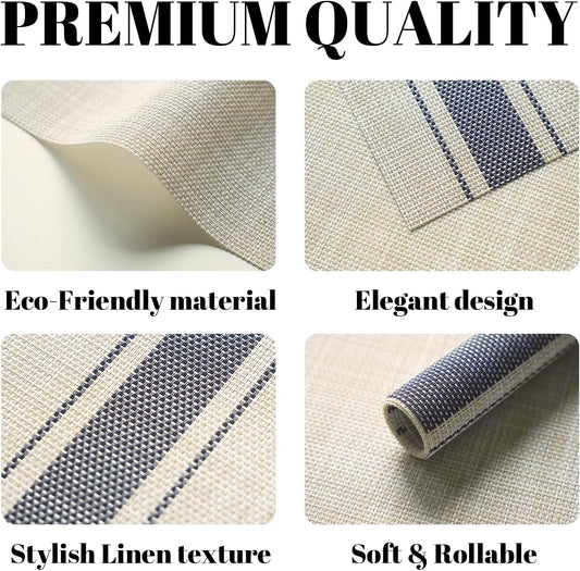 Placemats Set of 12 Vinyl/Plastic Woven Place Mats for Kitchen Table Indoor/Outdoor Washable Placemat Wipeable Dining Table Mats (Khaki Blue,12)