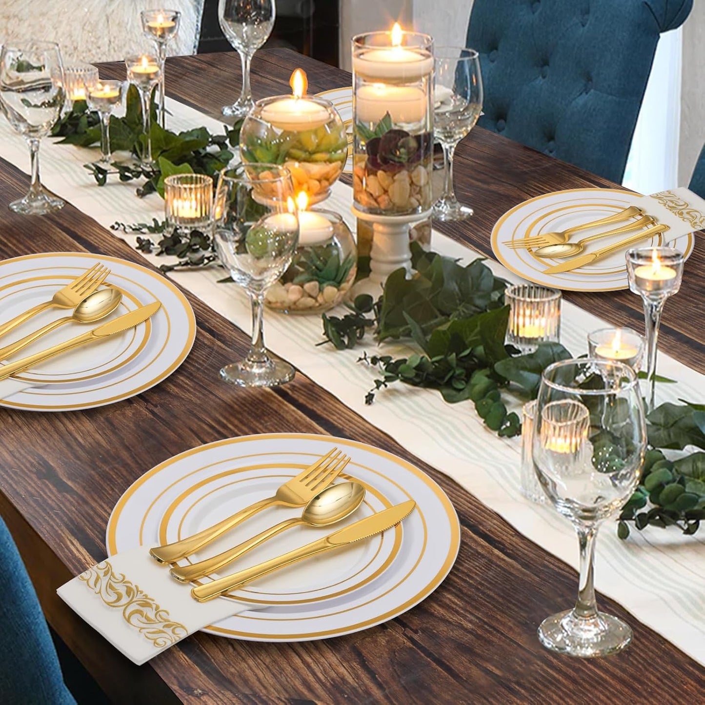 Goodluck 175 Piece Gold Dinnerware Set for 25 Guests, Plastic Plates Disposable for Party, Include: 25 Dinner Plates, 25 Dessert Plates, 25 Paper Napkins, 25 Cups, 25 Gold Silverware Set