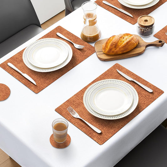 MOSAYT Placemats Set of 8, Heat Resistant Vinyl Place Mats with Coasters, Wipeable Washable 100% Waterproof Oil Proof Faux Leather Table Mats for Kitchen Dining Party Outdoor, 12" x 18", Orange