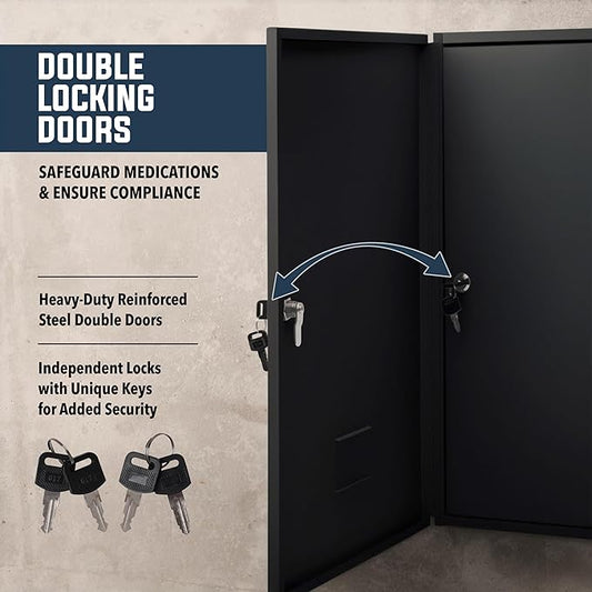 Durabox 2-Door Narcotics Cabinet - Double Door & Dual Key Lock Steel Cabinet for Safe Storage of Medicine, Prescription Drugs, Medical Supplies and More, 16"W x 24"H x 7-3/4"D (Black, Large)