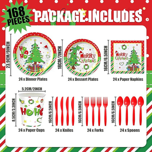 168Pcs Christmas Party Supplies Green Red Christmas Plates and Napkins Tableware Sets for Xmas Party Decorations Serves 24 Guests