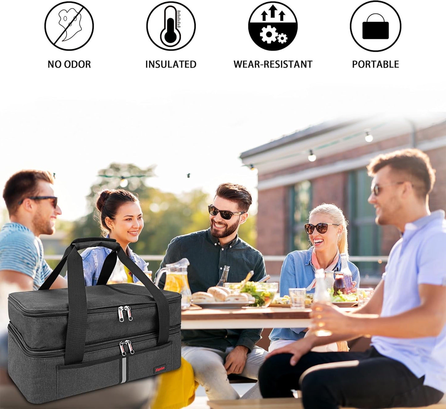 Double Decker Insulated Casserole Carrier for Hot or Cold Food, Expandable Thermal Food Carrier, Lasagna Holder Tote for Potluck Parties, Picnic, Cookouts, Beach Fits 9"x13" and 11"x15" Baking Dish