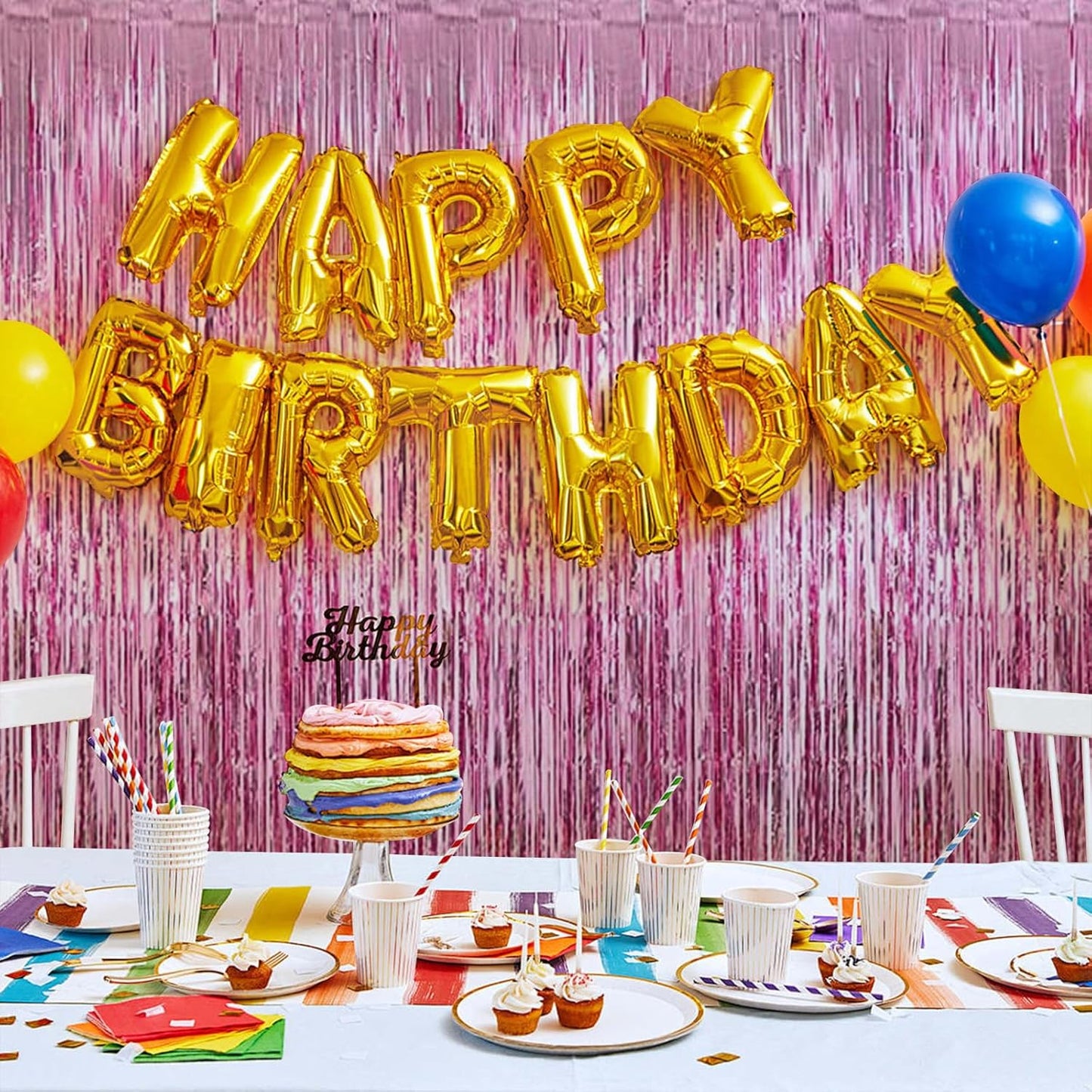 5 Pack Pink Foil Curtain Backdrop 3.2ft x 9.8ft Metallic Tinsel Foil Fringe Curtains Streamer Photo Booth Backdrop for Birthday Party Engagement Bachelorette Party Decorations (Pink)