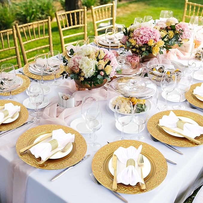 Uiifan 150 Pcs Antique Charger Plates Bulk 13'' Plastic Plate Chargers Decorative Embossed Rim Round Plates for Wedding Party Event Dinner Kitchen Table Setting Decoration (Gold)