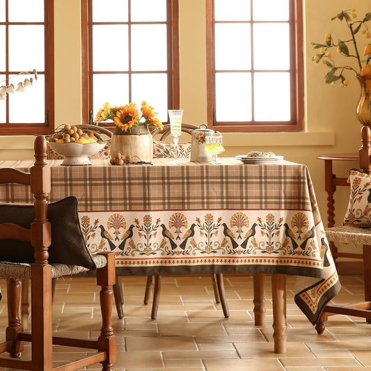 Vintage Brown Checkered Long Rectangle Tablecloth,Italian Floral Linen Wrinkle Resistant Table Cloth,Decor Table Cover for Kitchen,Dining,Thanksgiving,Christmas,63"*102"-Seville