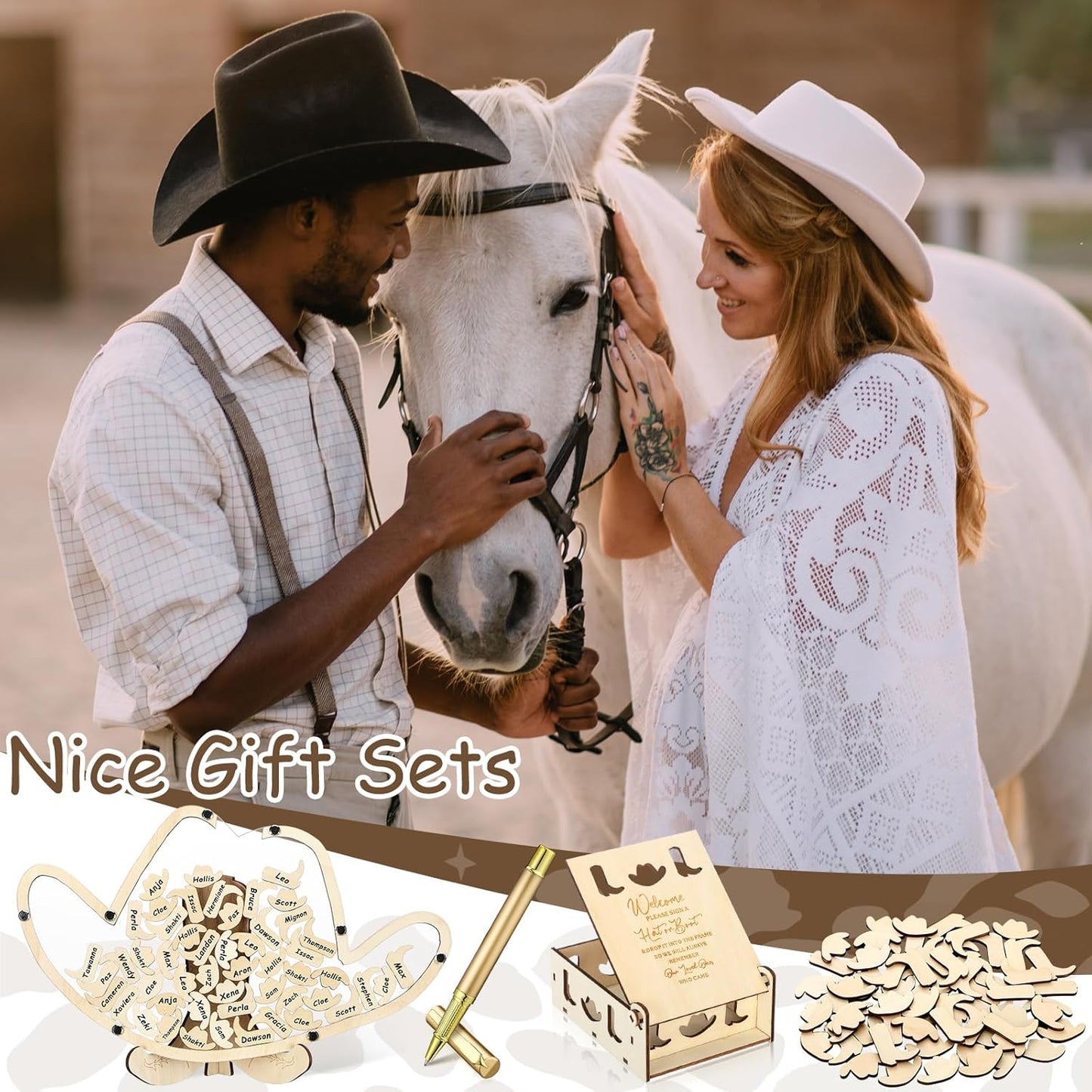 Wenqik 63 Pcs Cowboy Hat Baby Shower Guest Book Alternatives Set Baby Shower Decorations with Photo Frame Sonogram Frame Keepsake 60 Wood Slices Guest Book for Birthday