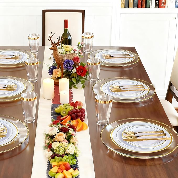 13 Inch Charger Plates, 8 Pack, Clear Charger Plates with Gold Rim, Heavy Duty Disposable Plastic Chargers for Dinner, Elegant Dining, Wedding, Party, Formal Event Decoration (8, Gold)