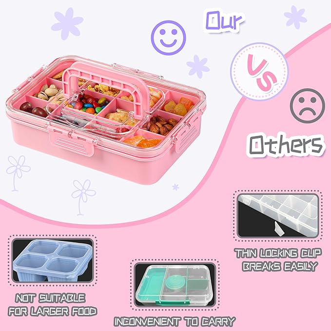 Snack Box Container for Kids - Adjustable 12-Compartment Snack Containers, Reusable Bento Box, Dishwasher Safe, BPA-Free, Perfect for School, Travel, Camping & Picnic, Pink