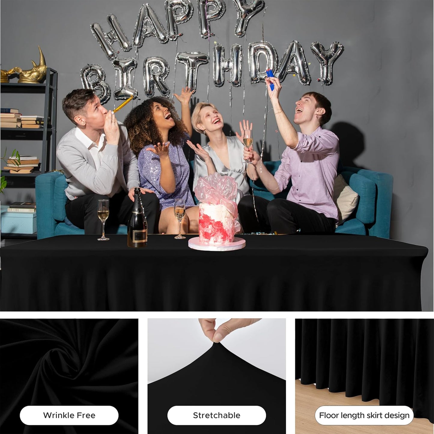 HolidayIdeas Black Spandex Table Skirts for Rectangle Tables 6ft, Fitted Stretch Table Cover 30x72 Inch, Wrinkle-Free Ruffle Design Tablecloths for Banquets,Trade Shows, Parties, Events, 6 Pack