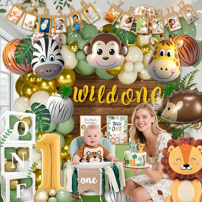 Wild One Birthday Decorations, 1st Birthday Decorations for Boy or Girl, Photo Banner, Balloon Box, Balloons Garland, High Chair Banner, Jungle Theme Safari Party Backdrop for Boys & Girls