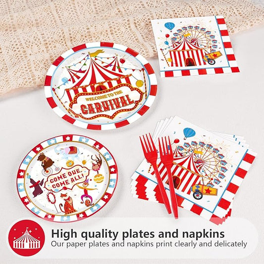 Grencian 200Pcs Carnival Party Decorations Carnival Circus Plates and Napkins Disposable Circus Theme Paper Tableware Set for Birthday Baby Shower Fiesta Party Supplies, Serves 50