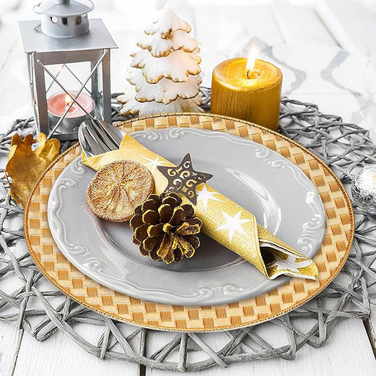 12 Pack Reusable Gold Charger Plates, 13 Inch Round Plastic Dinner Chargers, Decorative Centerpiece Plates for Home Decor, Thanksgiving, Christmas (Checkered Gold, 12 PCS)