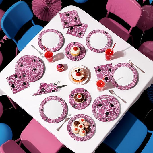 75pcs Spider Party Supplies, 25 Guest Disposable Pink Paper Plates & Napkins, Tableware Decorations Favors, Including 9" & 7" Plates & Napkins for Halloween, Birthday, Parties, and Everyday Use
