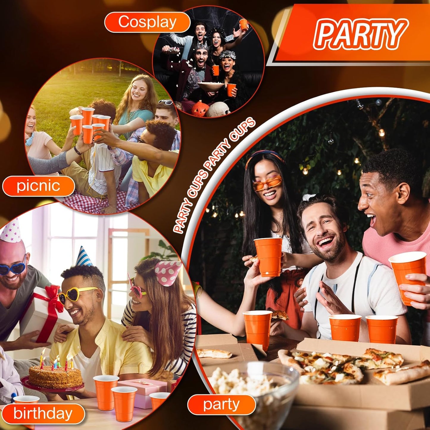 Lounsweer 100 Pack 16 Ounce Christmas Plastic Party Cups Disposable Heavy Duty Drinking Water Cups for Holiday Christmas Festival Wedding New Year Birthday Party Supplies(Orange)