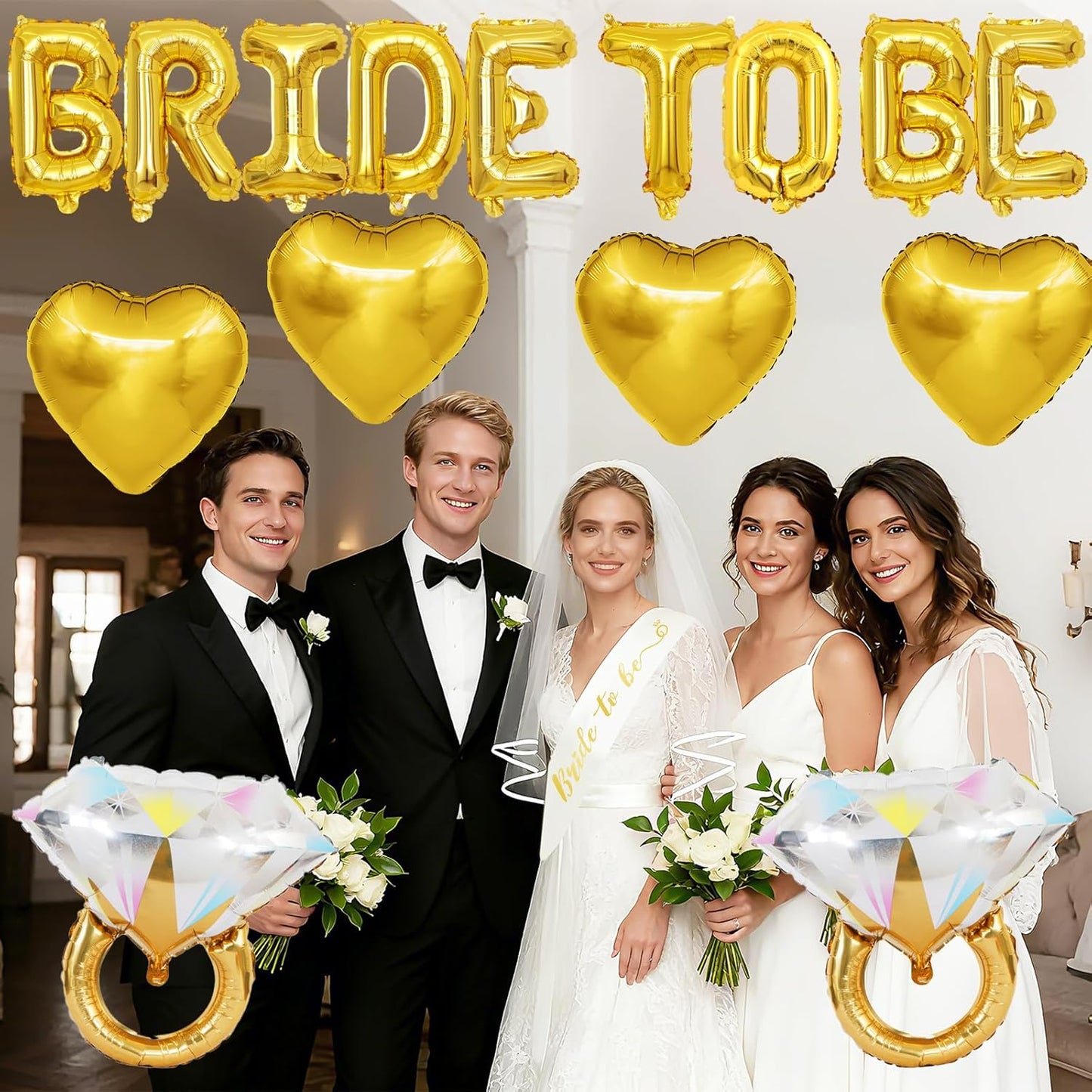 Gold Bachelorette Party Decorations, Gold Bride to Be Banner Heart Balloons with Diamond Ring Foil Balloon, Bride to Be Sash&Veil for Bachelorette Engagement Gift Bridal Shower Party Supplies