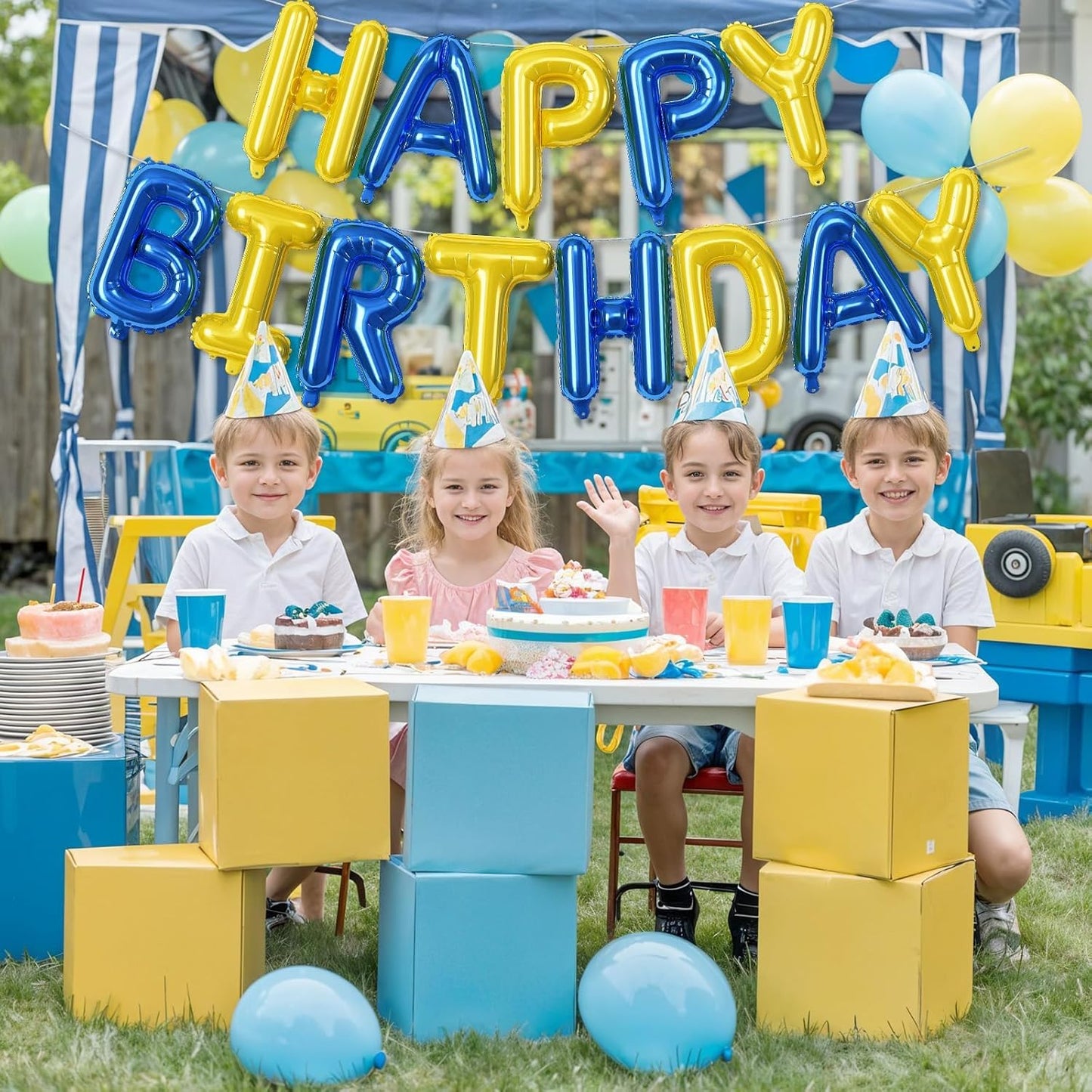 Blue and Yellow Happy Birthday Balloon Banner, 16 Inch Blue Gold Happy Birthday Bunting Banner Letter Foil Balloons for Boys Soccer Club Theme Cartoon Style Birthday Party Decorations Supplies