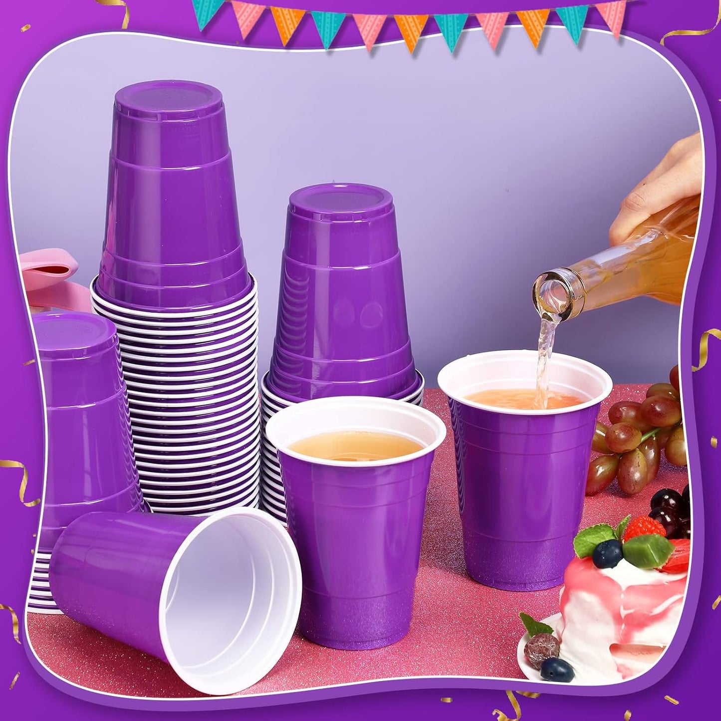 Lounsweer 100 Pack 16 Ounce Christmas Plastic Party Cups Disposable Heavy Duty Drinking Water Cups for Holiday Christmas Festival Wedding New Year Birthday Party Supplies(Purple)