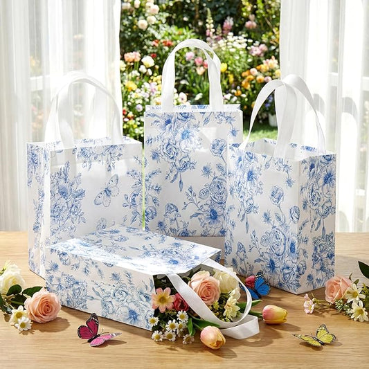 Wovnet 30 Pcs Blue Floral Gift Bags Bulk Reusable Non Woven Vintage Floral Tote Treat Goodie Candy Bags with Handles Spring Flowers Party Favors Pouch for Holiday Wedding Party Decor 10 x 8 x 4 Inch