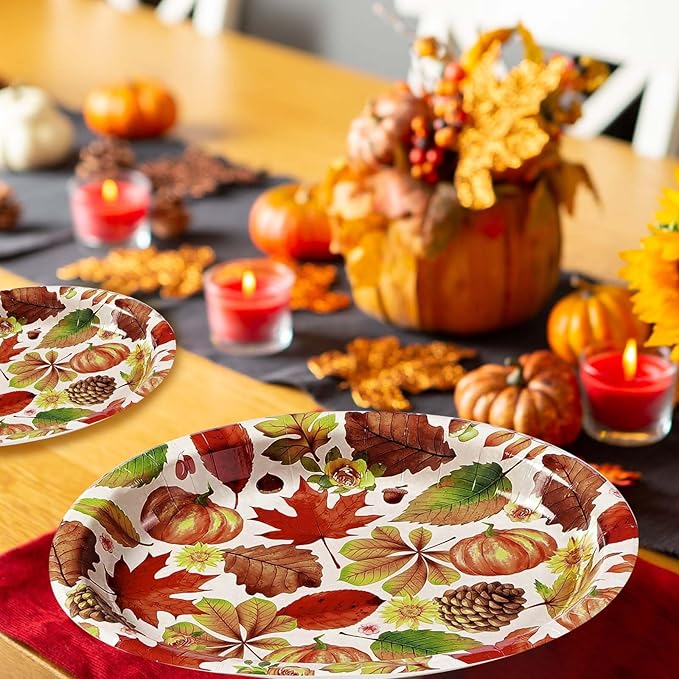 50 Pcs Fall Leaves Pumpkin Oval Plates 10" x 12" Large Disposable 400 GSM Fall Paper Plates Thanksgiving Plate for Fall Themed Party Dinnerware Supplies Thanksgiving Holiday Party Kitchen Table Decor