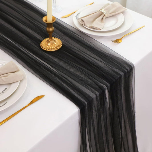 Snowkingdom Black Table Runner, 10FT Sheer Tulle Cheesecloth Gauze Runner 120 Inch, Boho Table Centerpieces Decoration for Wedding Baby Bridal Shower Birthday Halloween Holiday Party