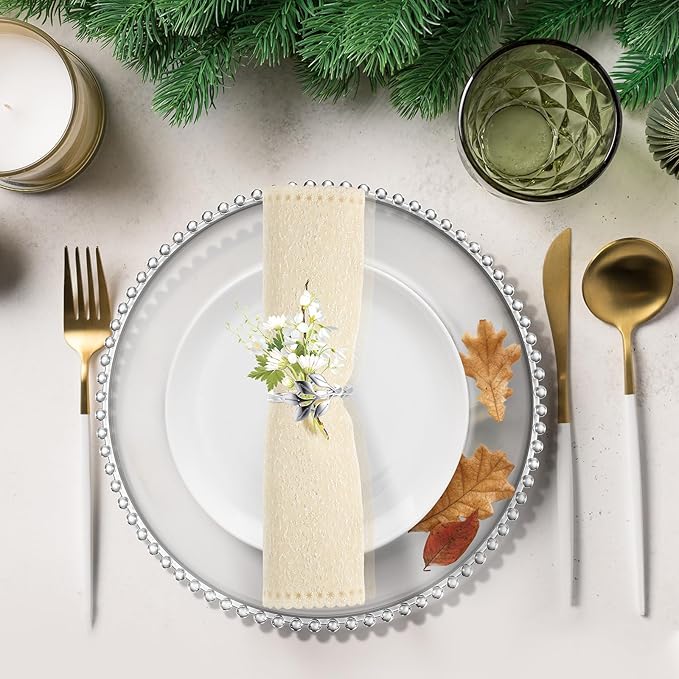 Bokon 50 Set Clear Charger Plates Bulk 13 Inch Beaded Plastic Charger Plates with Napkin Rings Acrylic Round Dinner Table Decorative Plates for Party Wedding Thanksgiving(Clear and Silver)
