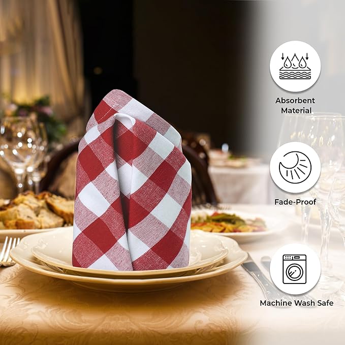 Urban Villa Cotton Dinner Napkins Set of 6, Highly Absorbent 20x20 Inches Premium Cloth Napkins Hotel Quality Reusable & Washable Table Dinner Napkins for Home & Weddings - Red/White, Checks